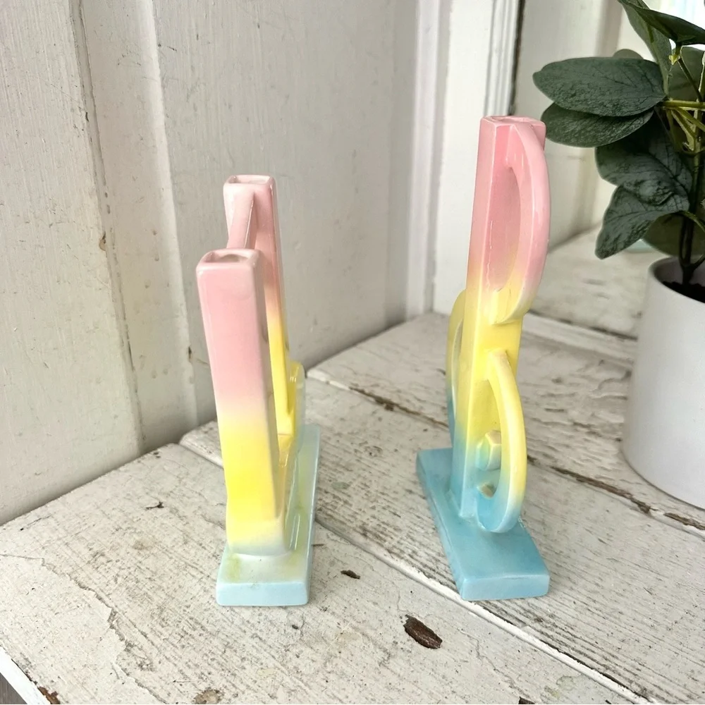 Vintage Fitz & Floyd Music Note Treble Clef Pastel Color Bud Flower Vases Japan